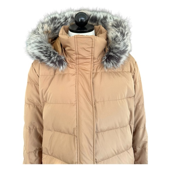 Lands End Down Puffer Parka Jacket with Faux Fur Hood Mid Thigh Tan Size 1X - Picture 10 of 15